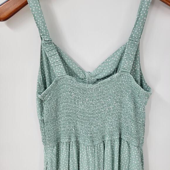 Jessica Simpson Jumpsuit Womens M Green White Polka Dot Wide Leg Smocked Straps - Picture 7 of 14